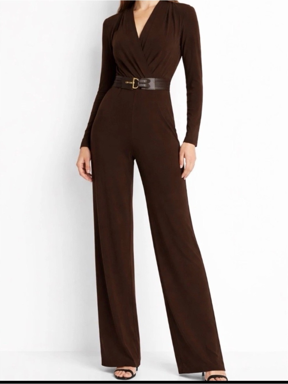 Ralph Lauren Horsebit‎ Belted Surplice Jersey Jumpsuit Chocolate Brown Sz 10